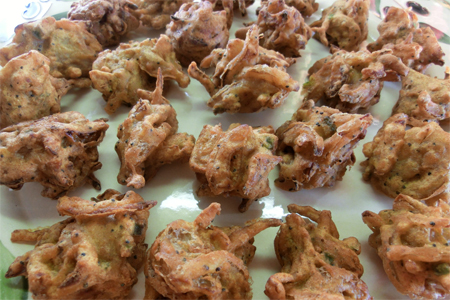 Bite-sized onion bhajis with cucumber raita