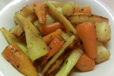 Roasted salsify, parsnips and chantenay carrots