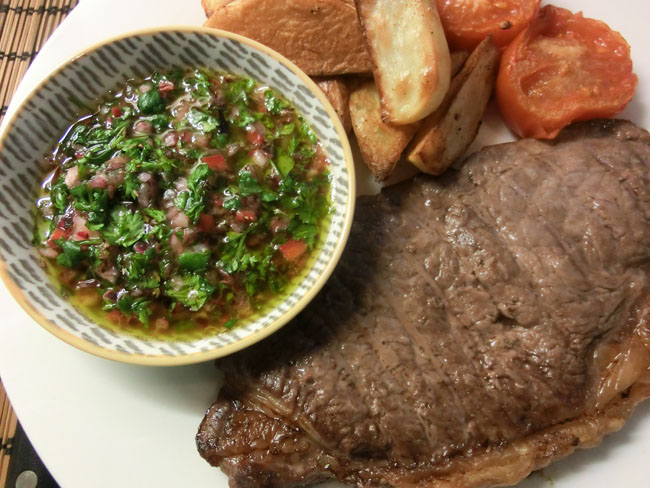 Steak with Chimichurri Sauce and Seasoned Wedges