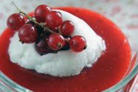 Floating Islands on red berries soup