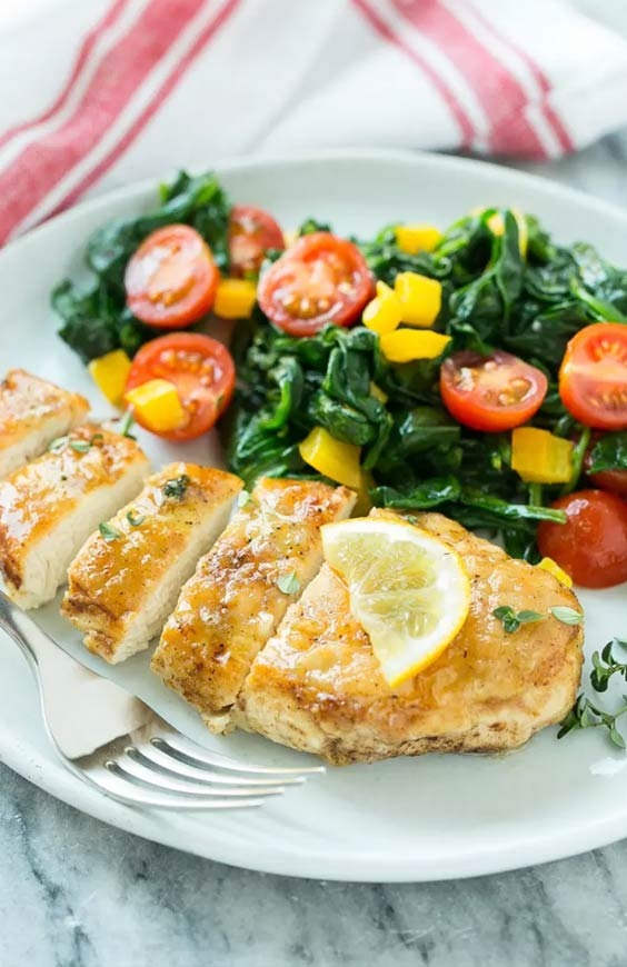 Pan-seared chicken with spinach & tomatoes Pan-seared chicken with spinach & tomatoes