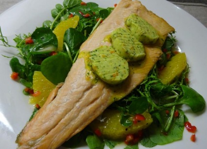Trout with Orange, Dill Butter & Watercress Salad