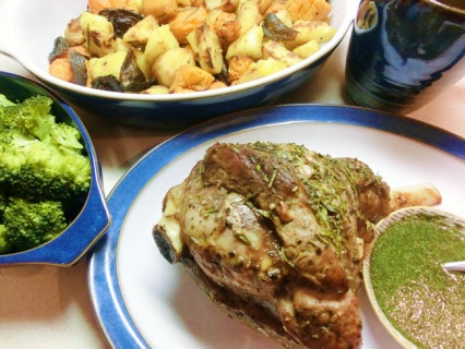 Roast Lamb with Roasted Vegetables and Mint Sauce
